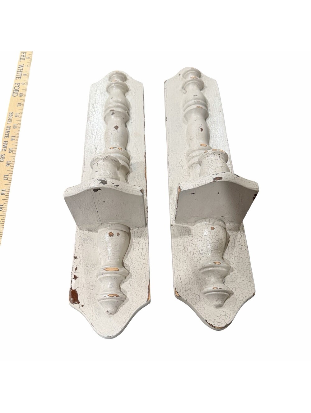 Pair Distressed White Wood Wall Sconces Farmhouse Rustic Cottage Candle Holders
